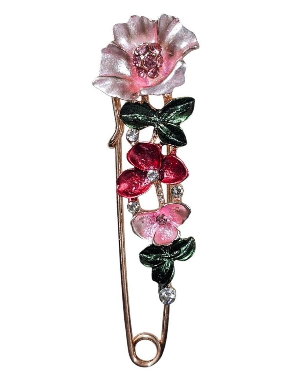Enamel Floral Safety Pin Brooch Pink & Red Flowers with gold tone VTG